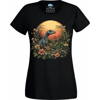 Dámské tričko Velociraptor v rozkvetlé zahradě (Velikost: 4XL, Barva: Černá)