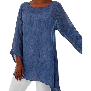 Dámská halenka Lněná asymetrická tunika na léto - 3XL/4XL Barva: Modrá, Velikost: 4XL