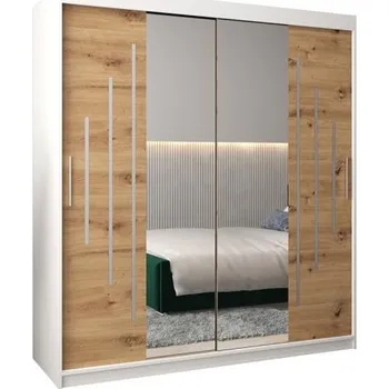 Šatní skříň Šatní skříň s posuvnými dveřmi a dvoudílným zrcadlem YORK1 - 180x200cm -Bílá-Dub Artisan-