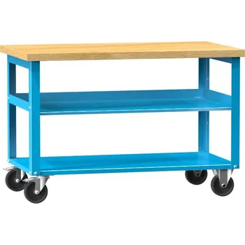 Dílenský stůl Pracovní stůl se dvěma policemi na kolečkách, modrý, 1200 mm