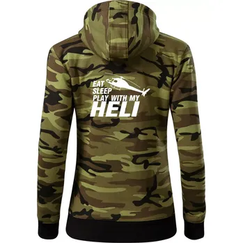 Dámská mikina Eat Sleep Play With My Heli - Dámská mikina trendy zipper s kapucí - XS ( Zelený maskáč )