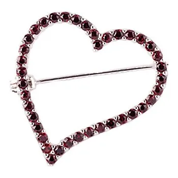 Brož granát - stříbrná brož - srdce (5624) povrchová úprava: zlacené