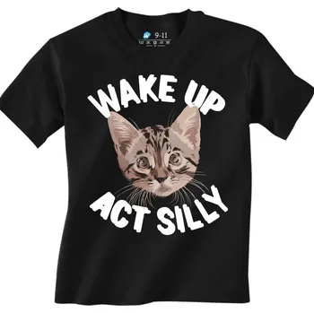 Chlapecké tričko Dětské tričko Hravá Kočka Wake Up Act Silly (Velikost: 3-4, Barva: Černá)