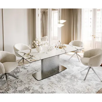 Jídelní stůl DELIFE Jídelní stůl Edge Boot 200x100 keramika Calacatta Luxe bílá-zlatá-šedá Wave nerezová ocel