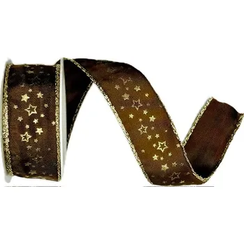 Stuha Stuha vánoční saténová NOBLESSE BROWN čokoládově hnědá 25mm x 2m (11,-Kč/m) (Vánoční stuha saténová, zlatý okraj, jednostranný potisk, s drátkem)