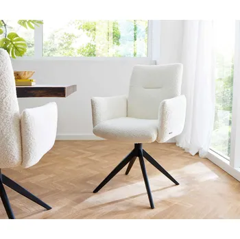 Jídelní židle DELIFE Jídelní židle Jova-Flex s područkami bouclé bílá křížová podnož široká černá otočná 360° taštičkové pružiny