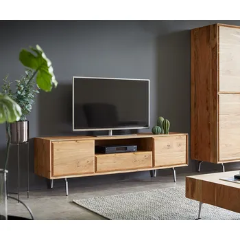 Televizní stolek DELIFE TV stolek Shari 160 cm akácie přírodní 2 dvířka 1 zásuvka 1 přihrádka úhlová podnož nerezová ocel