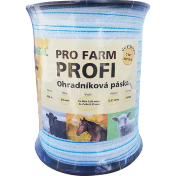 Ohradník PROFARM Páska PREMIUM 20 mm pro el. ohradník, 3x0,20 mm Niro + 2x0,25 mm CuSn, 200 m, bílo-modré