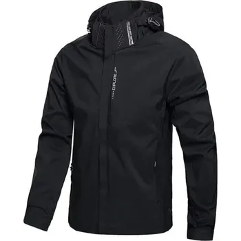 Pánská větrovka Pánská outdoorová bunda s kapucí Nepromokavá větruodolná bunda na zip Turistická bunda do deště s kapsami na podzim a jaro černá L