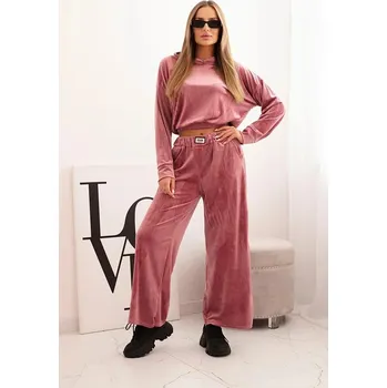 Velurový komplet tepláků se širokými kalhotami a krátkou mikinou model 0169 starorůžový