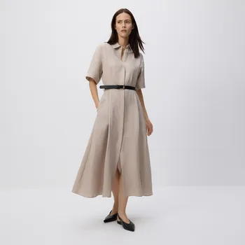 Dámské šaty Reserved - Lněné midi šaty - béžová - XV484-08X - XV484-08X-L