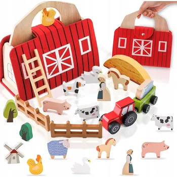 Dřevěná hračka DŘEVĚNÁ FARMA PRO DĚTI FIGURKY ZVÍŘAT STODOLA OHRADA DÁREK 18 DÍLŮ