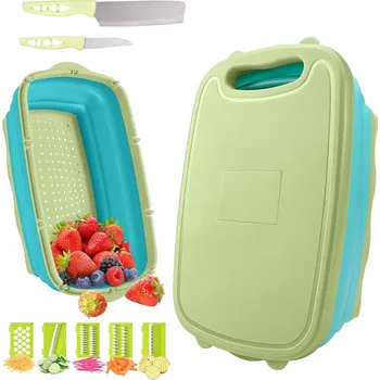 Kuchyňské prkénko SKLÁDACÍ PRKÉNKO NA KRÁJENÍ S ODKAPÁVACÍM KOŠEM A NOŽI PRO KEMPOVÁNÍ A RYBAŘENÍ