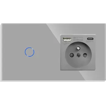 vypínač JEDNODUCHÝ DOTYKOVÝ SPÍNAČ 1K S USB-C QC 20W ZÁSUVKOU, SKLENĚNÝ SPÍNAČ