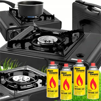 Turistický vařič Přenosný turistický plynový vařič v kufříku + 4 kartuše s plynem černá