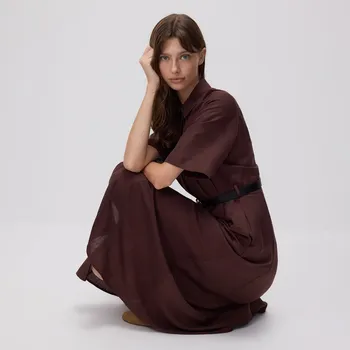 Dámské šaty Reserved - Lněné midi šaty - hnědá - XV484-88X - XV484-88X-XL