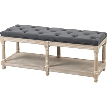Zahradní lavice HOMCOM Lavice s úložným prostorem, vintage design, prošívání knoflíky, kaučukové dřevo, 115x40x48cm, šedá barva