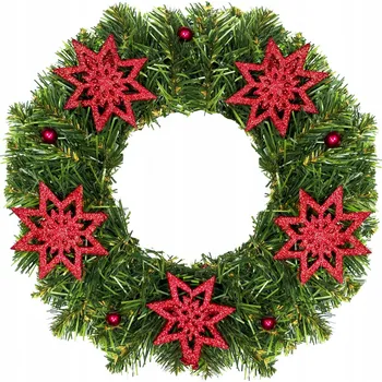 Vánoční dekorace Věnec vánoční umělý ozdobený zelený ČERVENÁ HVĚZDA 30 cm na stůl i zavěšení