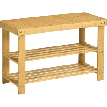 Botník HOMCOM Lavice na boty, 3 police, prostor pro 6-9 párů bot, do 130 kg, bambus, 70 x 28 x 45 cm
