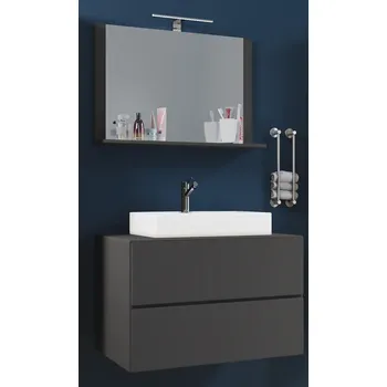 Koupelnový nábytek VCM 3dílná umyvadlová skříňka Lendas M 80 cm se zrcadlem, antracitová 486418