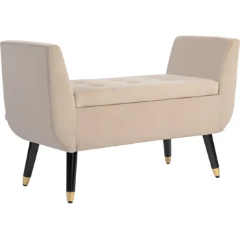 HOMCOM Čalouněná lavice s úložným prostorem, područky, sametový polyester, kaučukové dřevo, 107 x 42 x 65 cm, béžová barva