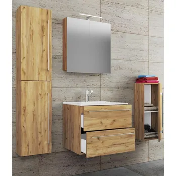 Koupelnový nábytek VCM 5dílná umyvadlová skříňka Badinos 2 zásuvky 60 cm se zrcadlem a střední/vysokou skříňkou, dub medový 487835