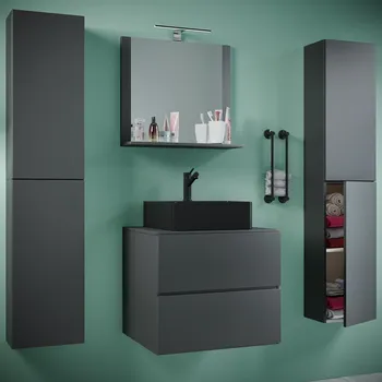 Koupelnový nábytek VCM 5dílná umyvadlová skříňka Lendas BL XL 60 cm se zrcadlem a 2 vysokými skříňkami, antracitová 486432