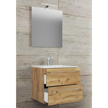 Koupelnový nábytek VCM 3dílná umyvadlová skříňka Badinos 2 zásuvky 60 cm se zrcadlem, dub medový 488374