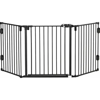 Dvířka pro psa PawHut Dog Barrier Door Guard Pet Guard Nastavitelná skládací zábrana ke krbu s automatickým zavíráním dvířek 3 panely pro trouby Nástěnná/volně stojící černá 202,5 x 76 cm