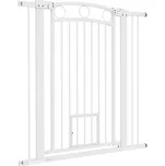 PawHut 106 cm vysoká branka pro domácí mazlíčky s nastavitelnou šířkou, integrovaná dvířka pro kočky, pro schody a zárubně, bílá
