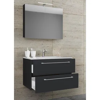 Koupelnový nábytek VCM 3dílná umyvadlová skříňka Badinos 2 zásuvky 60 cm se zrcadlem, černá 488392