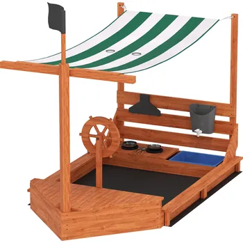 Pískoviště Pískoviště Outsunny se stříškou proti slunci, pirátská loď, včetně dětské kuchyňky, masivní dřevo, 180 x 103 x 144,5 cm, zelená barva