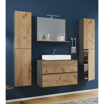 Koupelnový nábytek VCM 5dílná umyvadlová skříňka Lendas XL 60 cm se zrcadlem a 2 vysokými skříňkami, antracitová 488415