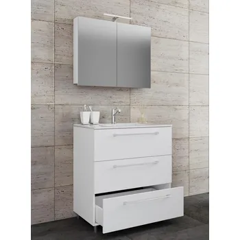 Koupelnový nábytek VCM 3dílná umyvadlová skříňka Badinos 3 zásuvky 60 cm se zrcadlem, bílá 487784