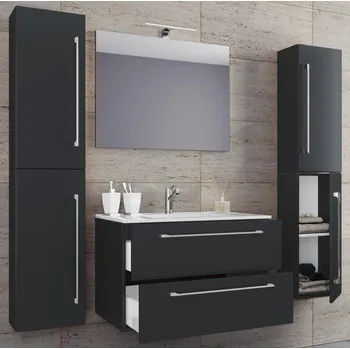 Koupelnový nábytek VCM 5dílná umyvadlová skříňka Badinos 2 zásuvky 60 cm se zrcadlem a 2 vysokými skříňkami, černá 487841