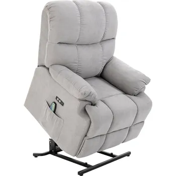 Masážní křeslo HOMCOM Křeslo se stojánkem, masážní křeslo, polohovací křeslo s připojením USB, TV křeslo s dálkovým ovládáním, boční kapsa, polohovací TV křeslo se sametovým vzhledem, šedé