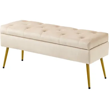 HOMCOM Sedací lavice se sametovým vzhledem, čalouněná podnož s všívaným vzorem, kovový rám, 102 x 35 x 43 cm, béžová barva