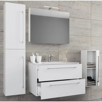 Koupelnový nábytek VCM 5dílná umyvadlová skříňka Badinos 2 zásuvky 60 cm se zrcadlem a střední/vysokou skříňkou, bílá 487832