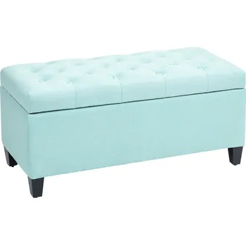 HOMCOM Lavice, čalouněná lavice s úložným prostorem, polyester podobný lnu, kaučukové dřevo, 100 x 40 x 44 cm, zelená barva