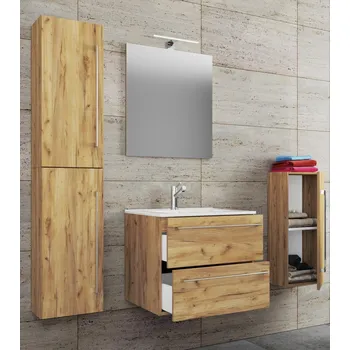 Koupelnový nábytek VCM 5dílná umyvadlová skříňka Badinos 2 zásuvky 60 cm se zrcadlem a střední/vysokou skříňkou, dub medový 487794