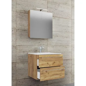 Koupelnový nábytek VCM 3dílná umyvadlová skříňka Badinos 2 zásuvky 60 cm se zrcadlem, dub medový 488394