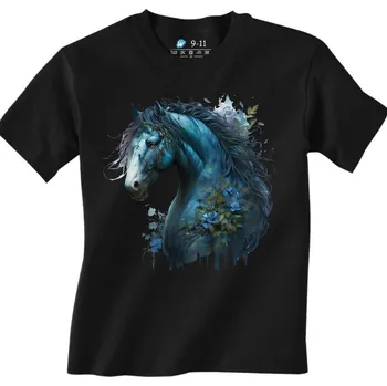 Chlapecké tričko Dětské tričko Magický Modrý kůň s květinami (Velikost: 7-8, Barva: Černá)