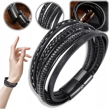 Náramek Pánský náramek kožený černý nerezová ocel 316L, neobsahuje nikl