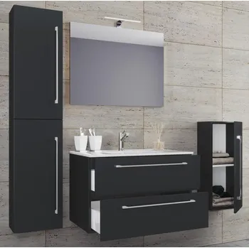 Koupelnový nábytek VCM 5dílná umyvadlová skříňka Badinos 2 zásuvky 80 cm se zrcadlem a střední/vysokou skříňkou, černá 487796