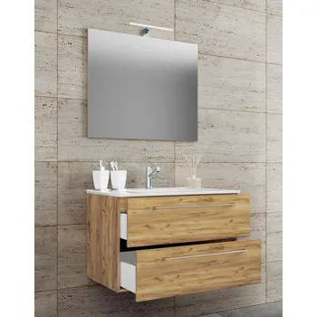 Koupelnový nábytek VCM 3dílná umyvadlová skříňka Badinos 2 zásuvky 80 cm se zrcadlem, dub medový 488390
