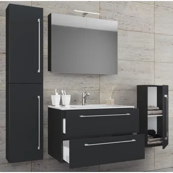Koupelnový nábytek VCM 5dílná umyvadlová skříňka Badinos 2 zásuvky 60 cm se zrcadlem a střední/vysokou skříňkou, černá 487833