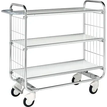 Policový vozík typ KM, zinkovaný, 3 flexibilní police, DxŠxV 1195 x 470 x 1120 mm, 4 kolečka, brzda