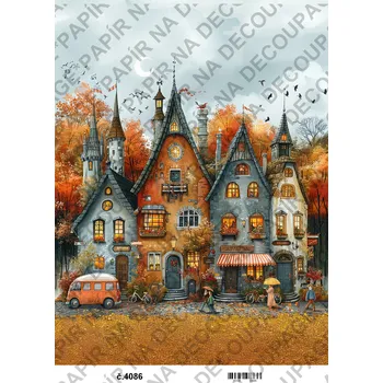 Umělecký papír Rýžový a soft papír na decoupage - Podzimní domečky - KB04086 Materiál: Rýžový papír, Rozměr: A4