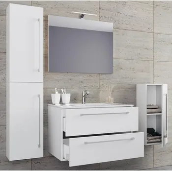 Koupelnový nábytek VCM 5dílná umyvadlová skříňka Badinos 2 zásuvky 60 cm se zrcadlem a střední/vysokou skříňkou, bílá 487791