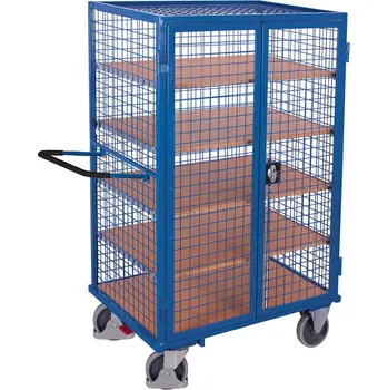 Vozík s drátěnými stěnami a 2křídlými dveřmi, uzamykatelný, 5 polic, EasySTOP, 1245 x 785 mm